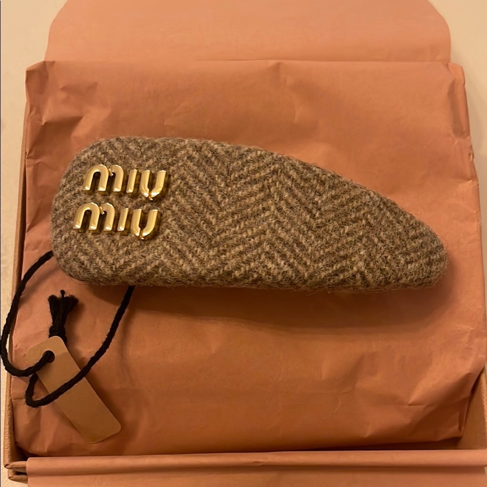 Miu Miu Tan Herringbone Hair Clip with Gold Accents